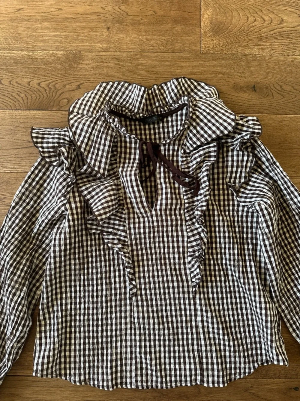 Zara Brown White Gingham Ruffle Shirt Top Sz S - Picture 9 of 14